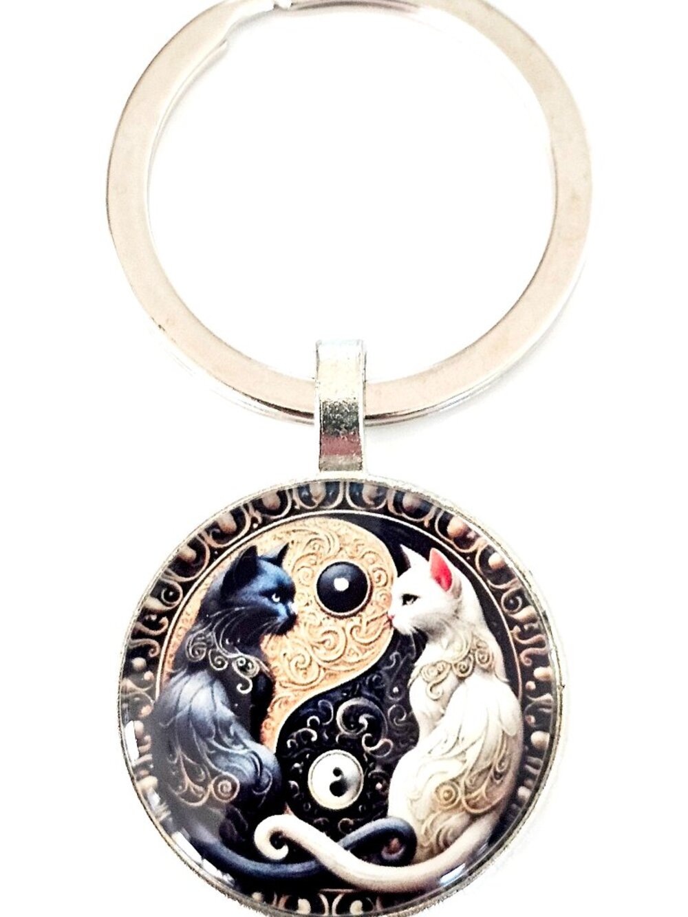 Yin Yang Black White Cat Keychain Balance Spiritual Unity Harmony Meditate Gift